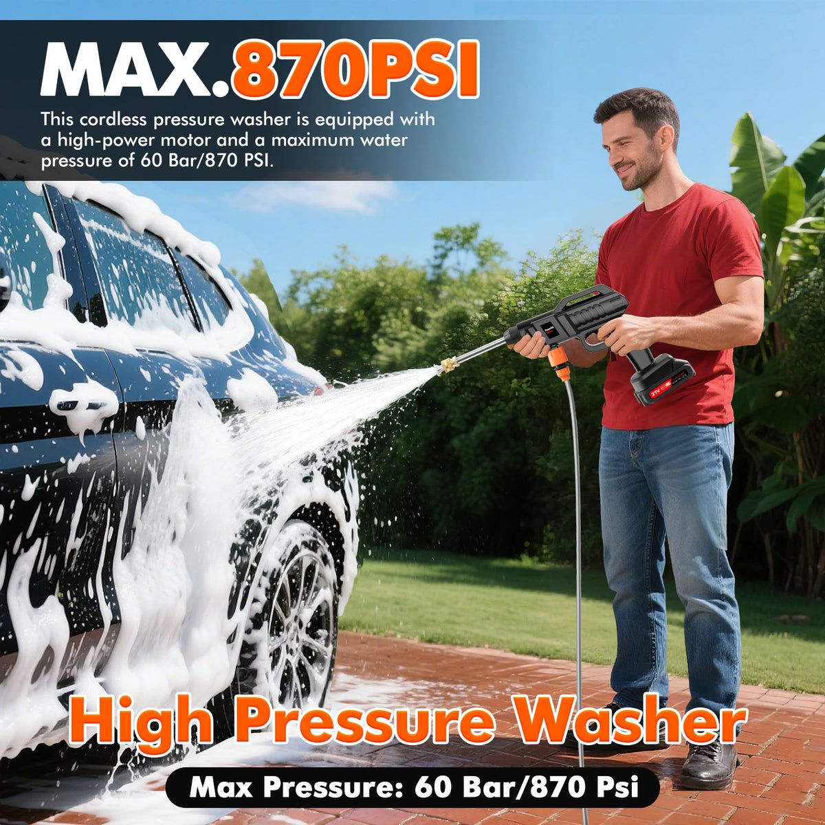 Black cordless pressure washer with attached hose, spraying soapy water on a car.
