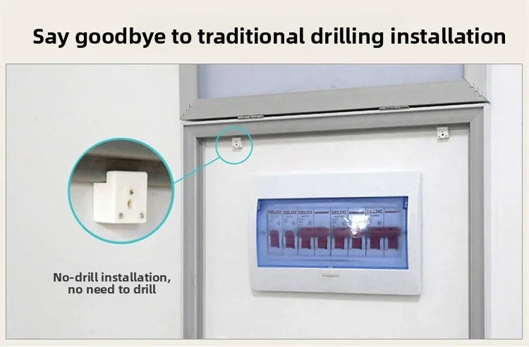 Close-up of a non-drill bracket installation for a wall-mounted meter box cover.