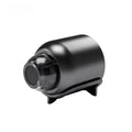Black plastic cylindrical wireless security camera with a transparent front lens cover and mounting base.
