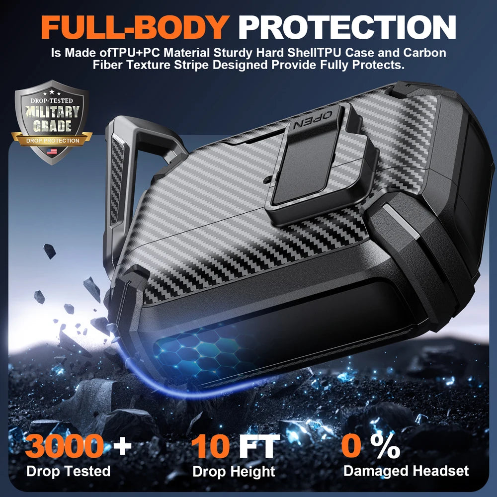 Rugged black carbon fibre texture TPU and PC case for AirPods, featuring military-grade drop protection and a clip.