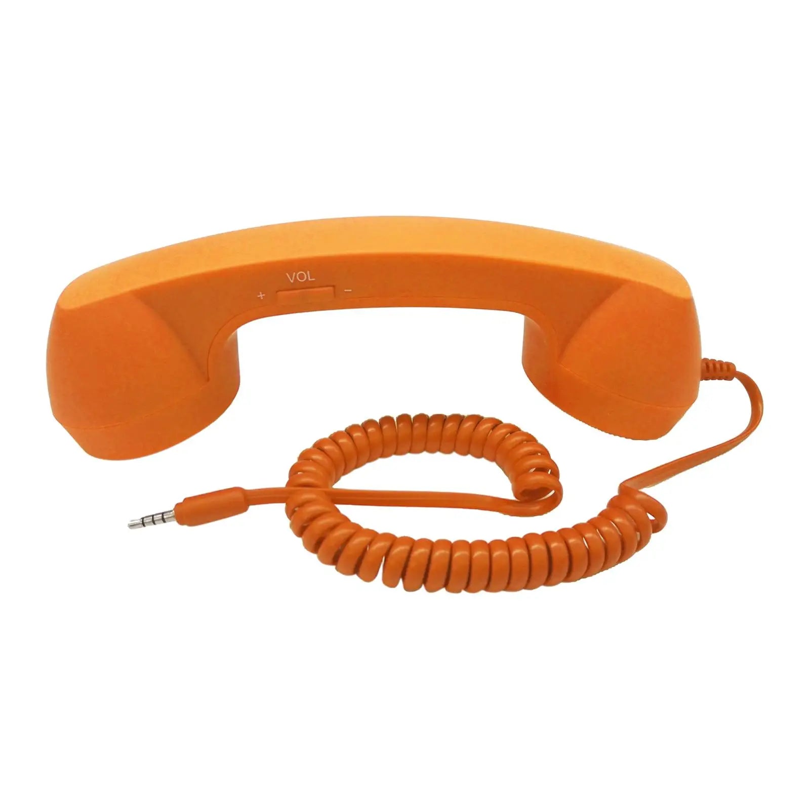 Retro orange telephone handset with volume control buttons and a 3.5mm coiled cable for mobile devices.