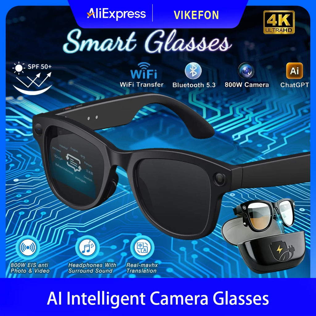 Black smart glasses featuring a built-in camera, Bluetooth audio, and a protective charging case on a digital background.