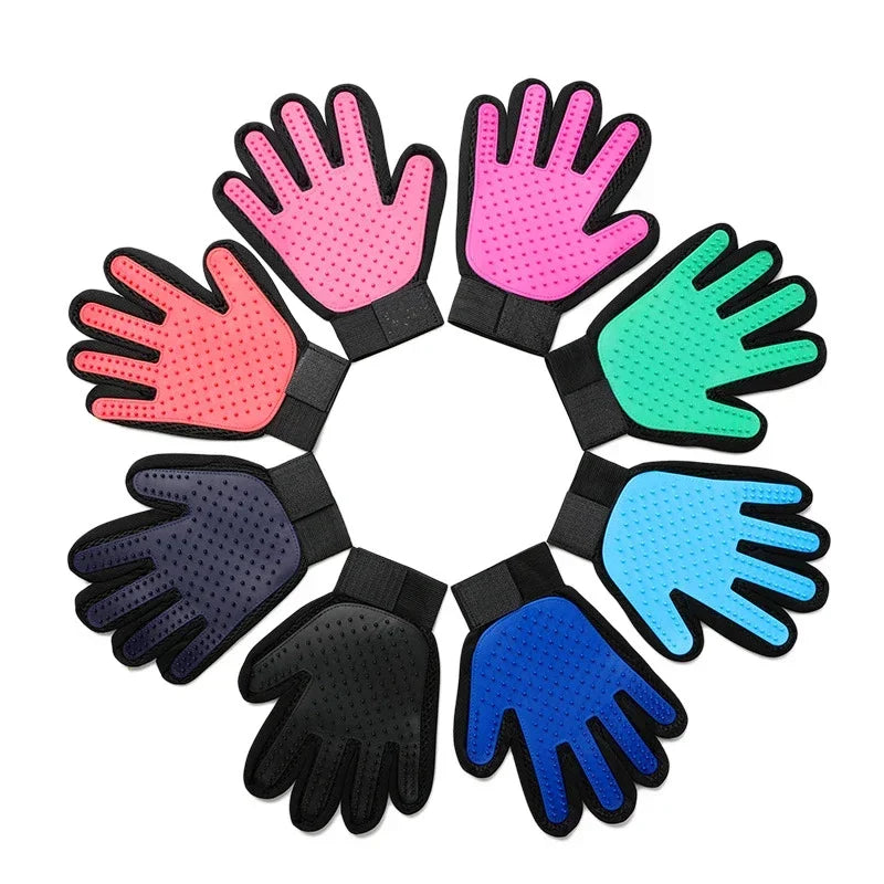 Circular arrangement of seven colourful pet grooming gloves with silicone massage nodules, on a white background.