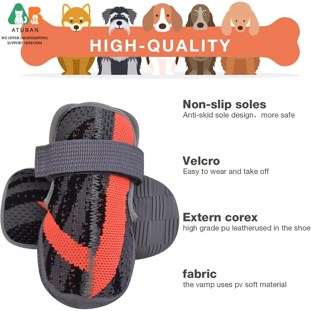 Breathable grey and orange dog boots featuring rugged non-slip soles and convenient Velcro fastening straps.