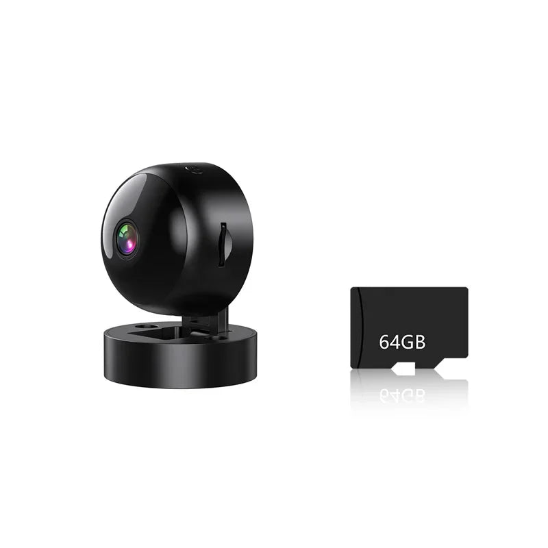 Compact black 360° wireless security camera on a round base, next to a 64GB memory card.