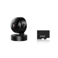 Compact black 360° wireless security camera on a round base, next to a 64GB memory card.