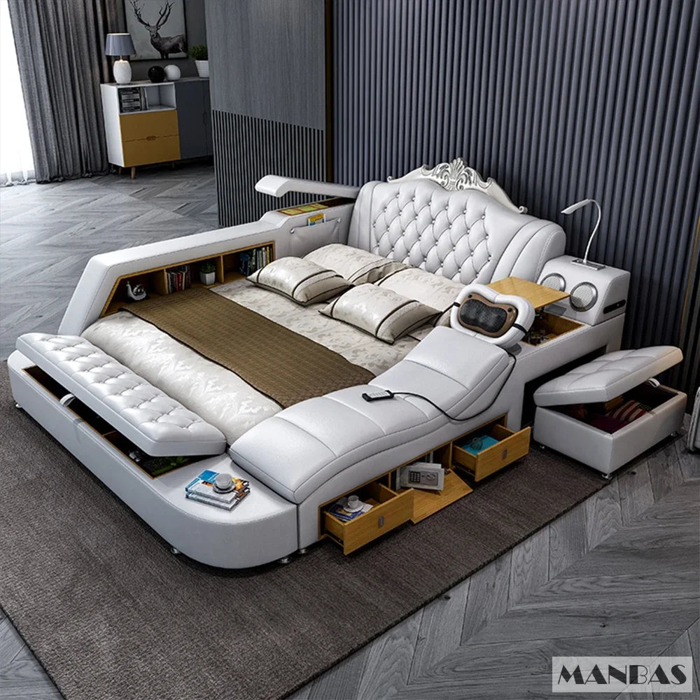 White faux leather smart bed frame with built-in massage, storage, shelving, Bluetooth speakers and matching stool.