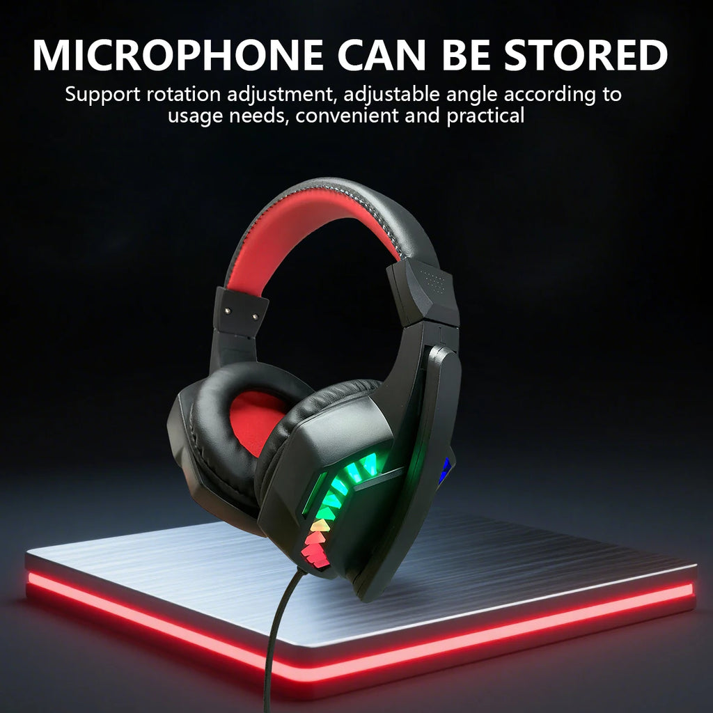 Wired black and red over-ear gaming headset with vibrant RGB lighting and an adjustable, stowable microphone.