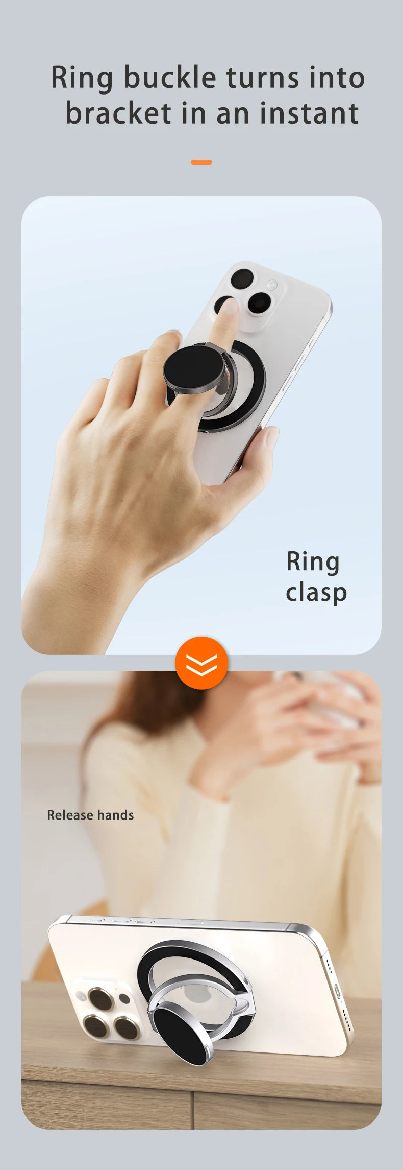 Silver and black circular magnetic phone ring holder used as a finger grip or a hands-free kickstand.