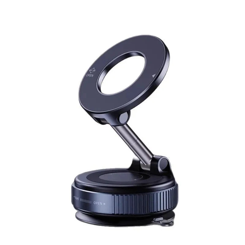 Adjustable matte black magnetic phone car mount with a circular head, extending arm, and suction base.