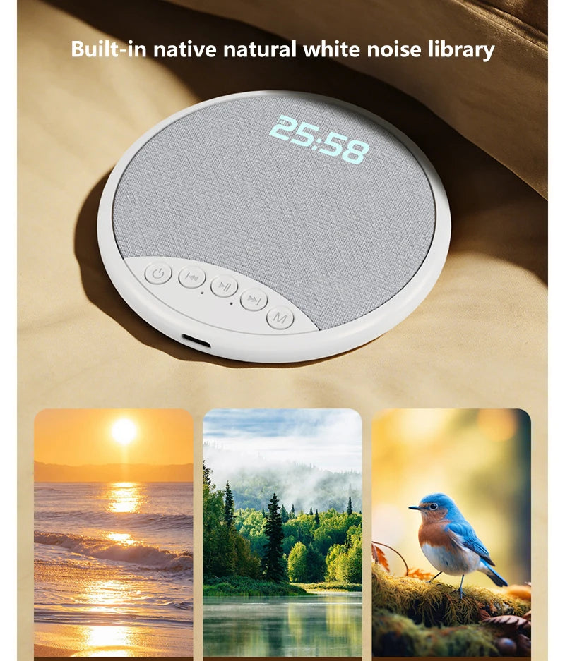 A round, white wireless pillow speaker with a grey fabric top, digital clock display, and control buttons.