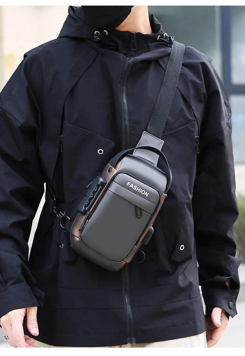 Grey anti-theft crossbody sling bag with a secure combination lock, side USB port, and sleek, modern design.