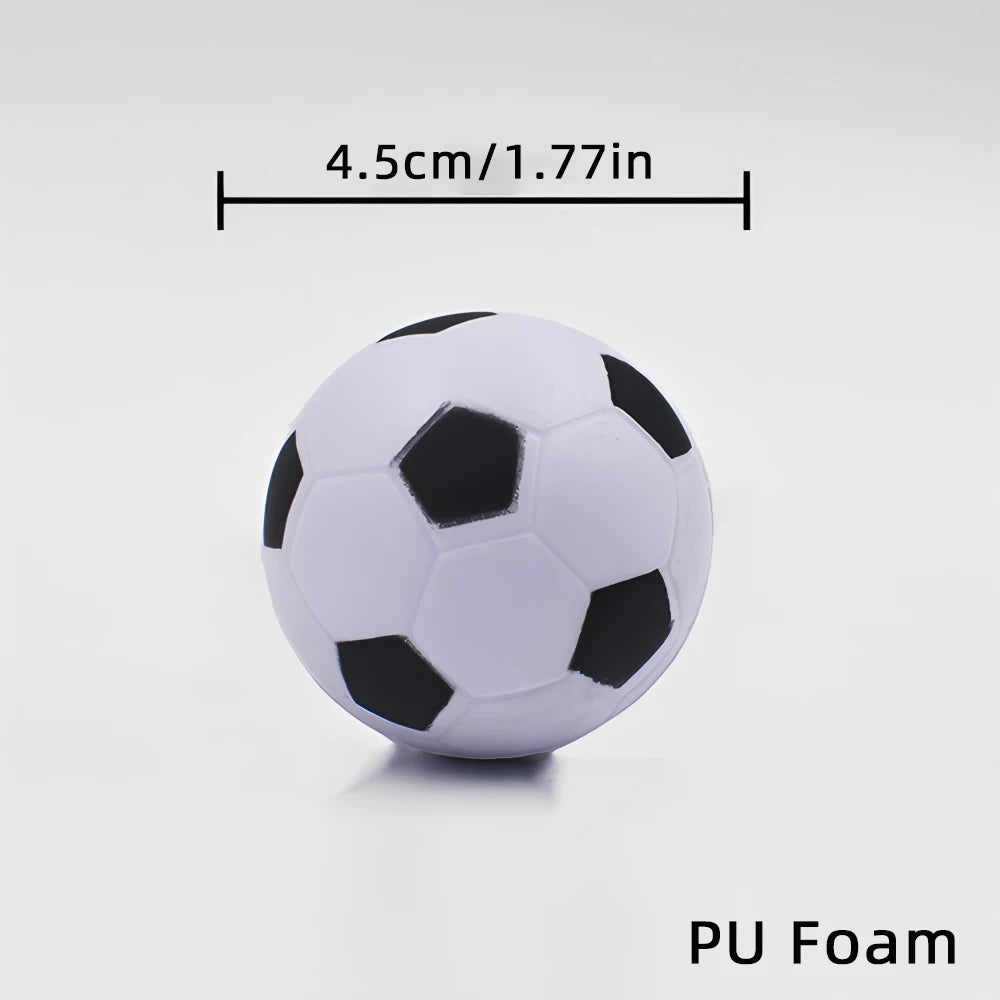 Small 4.5cm black and white football made from soft, squishy PU foam.