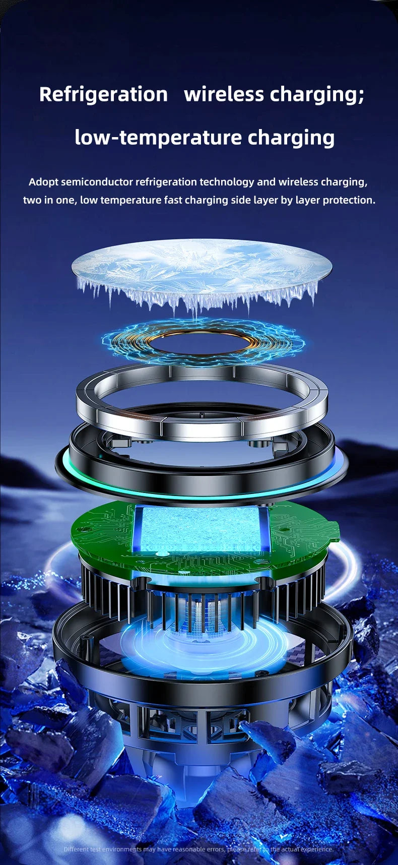 Exploded view of a black wireless charger with blue neon accents and integrated semiconductor cooling technology.