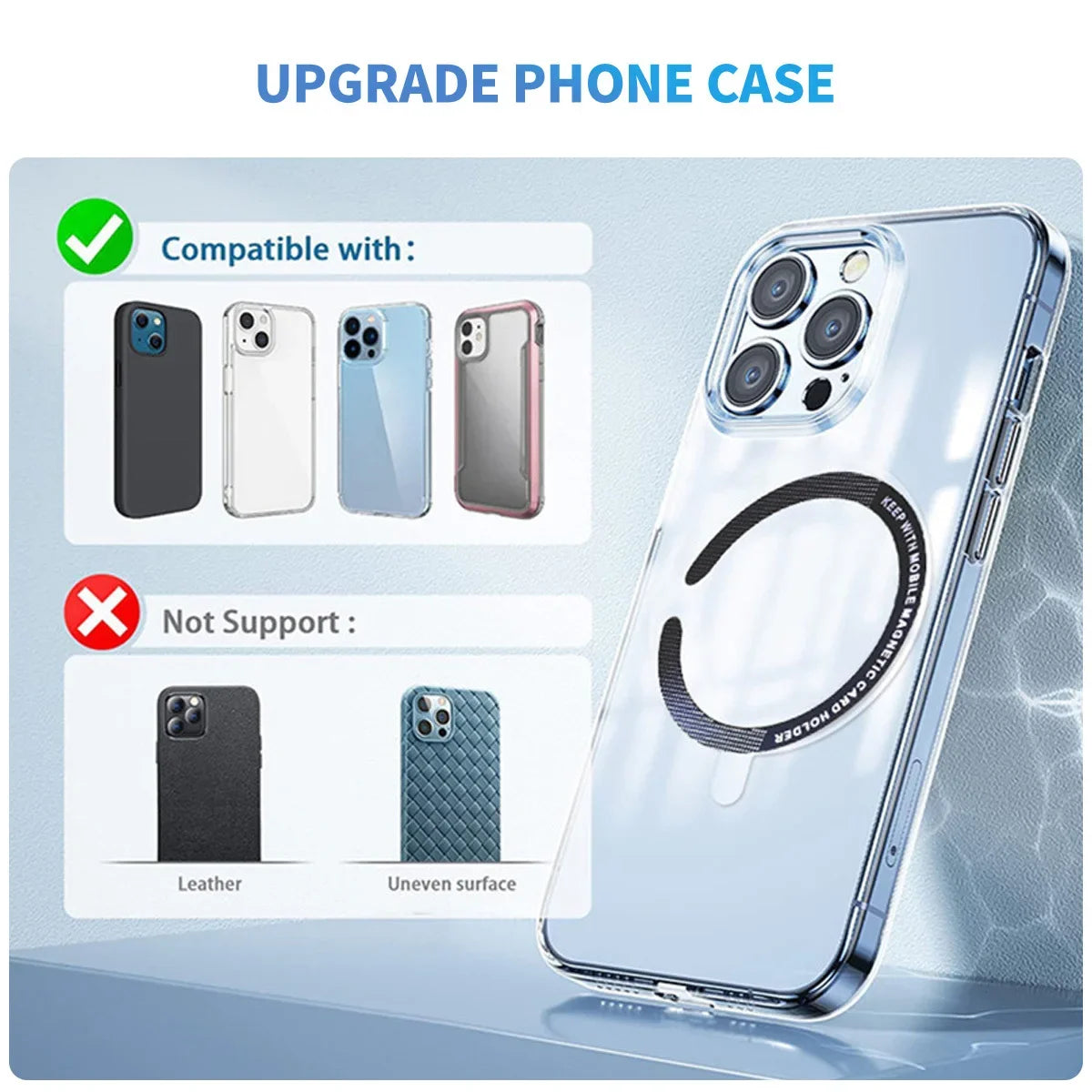 Clear, slim phone case with a black magnetic ring on the back, shown with compatibility examples and guidelines.