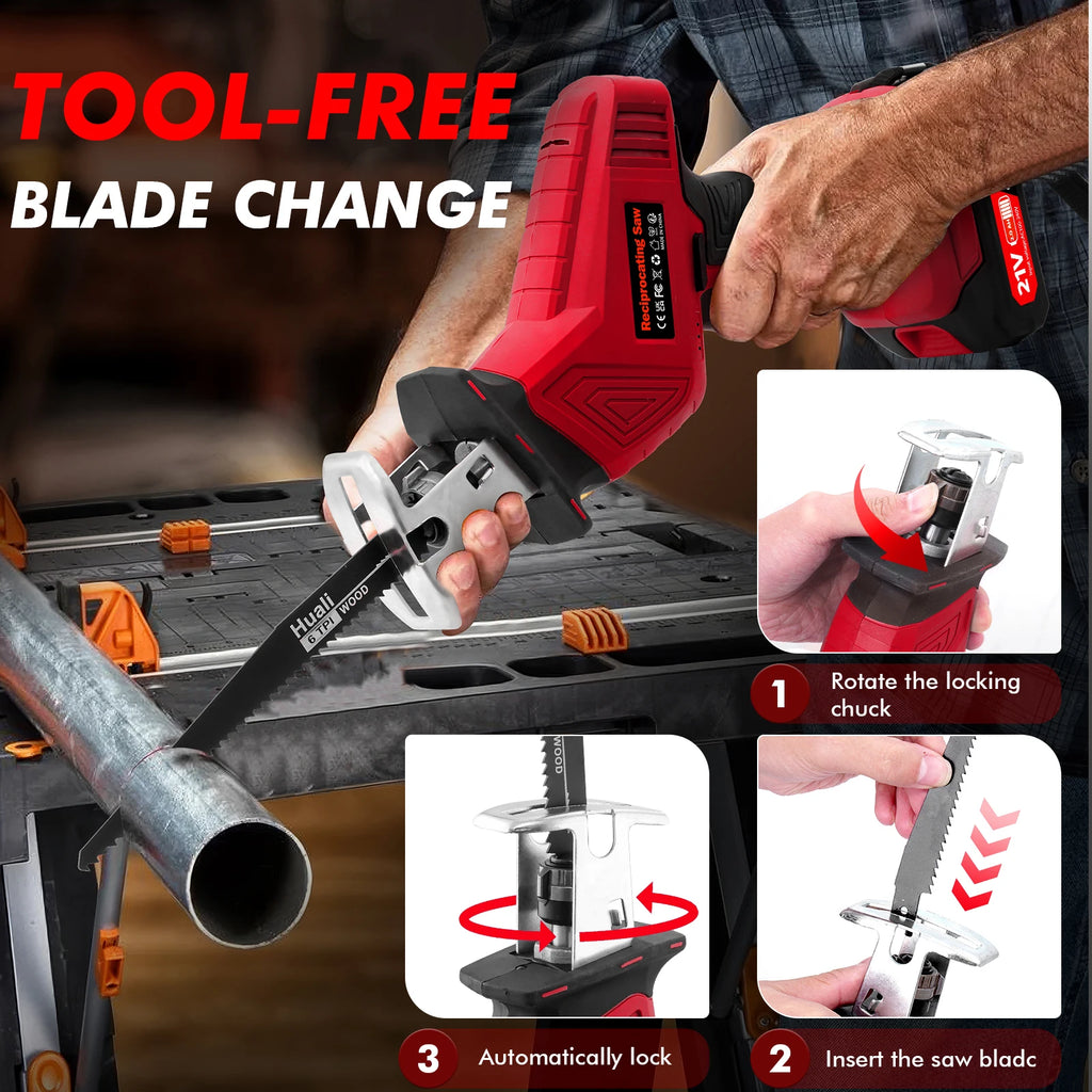 Red 21V electric reciprocating saw cutting metal pipe, featuring tool-free blade change and safety button.