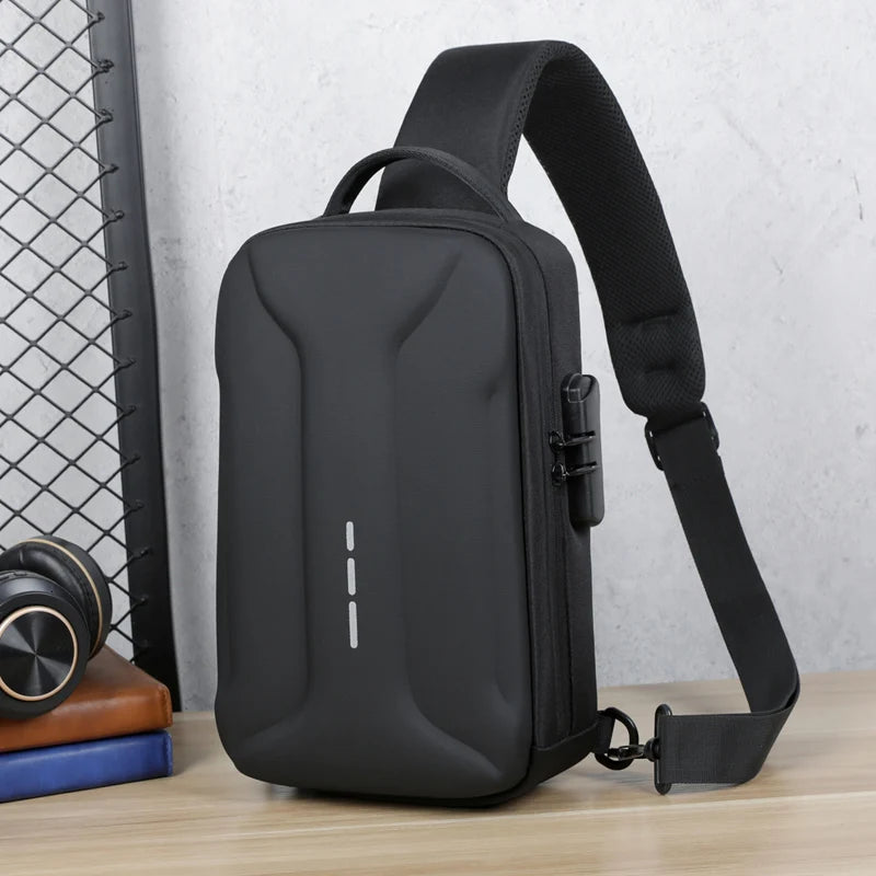 Black anti-theft sling bag with hard shell, integrated combination lock, adjustable strap, and side charging port.