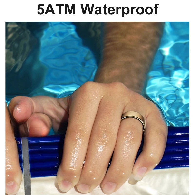 Sleek gold smart health tracking ring worn on a finger, shown underwater to highlight its 5ATM waterproof design.