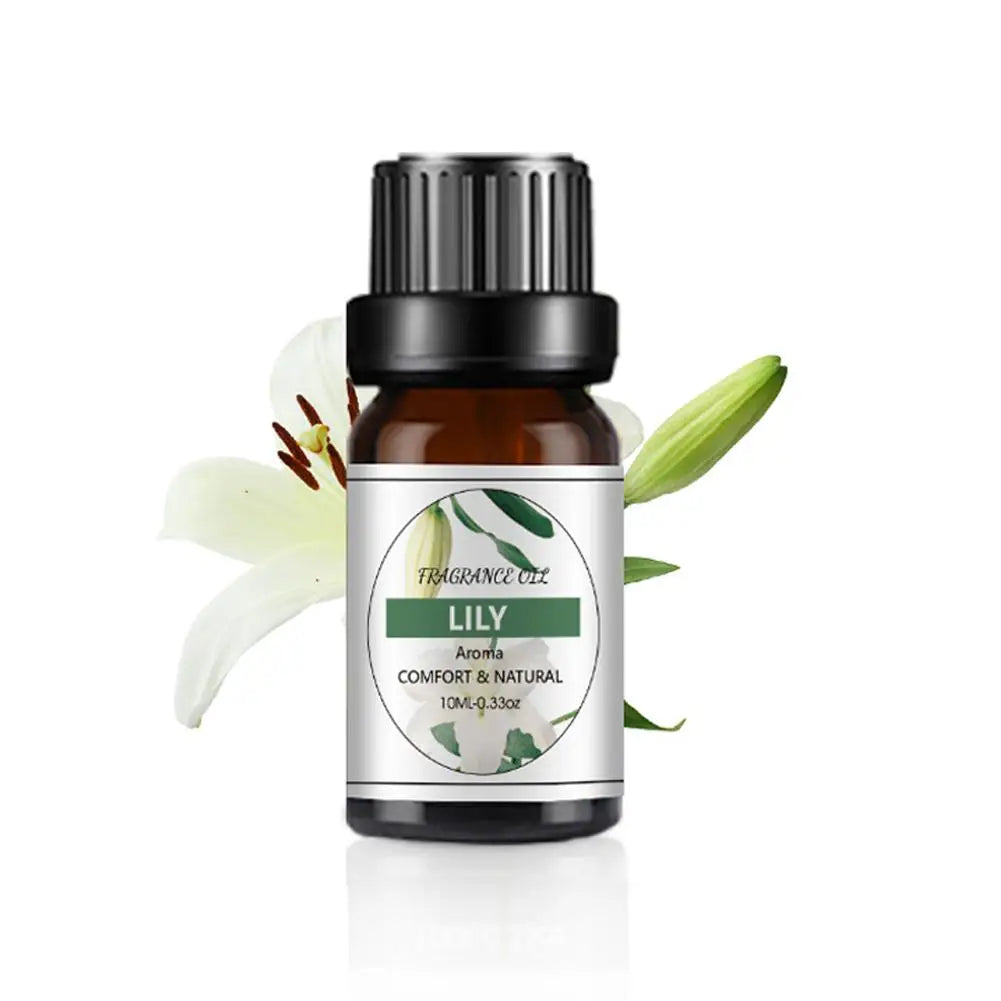 10ml amber glass bottle of Lily fragrance oil with a black cap, featuring a floral label against a white lily backdrop.