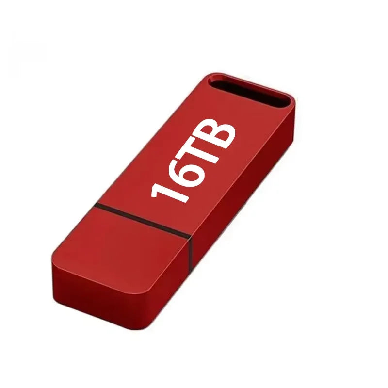 A sleek, red 16TB USB flash drive with a rectangular design and a built-in keyring hole.