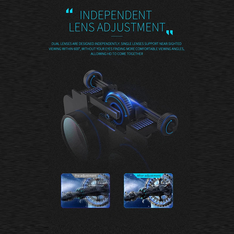 Black VR headset internal mechanism featuring independent lens adjustment gears and dual optical lenses.