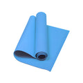 A smooth, light blue yoga mat partially rolled up, isolated against a white background.