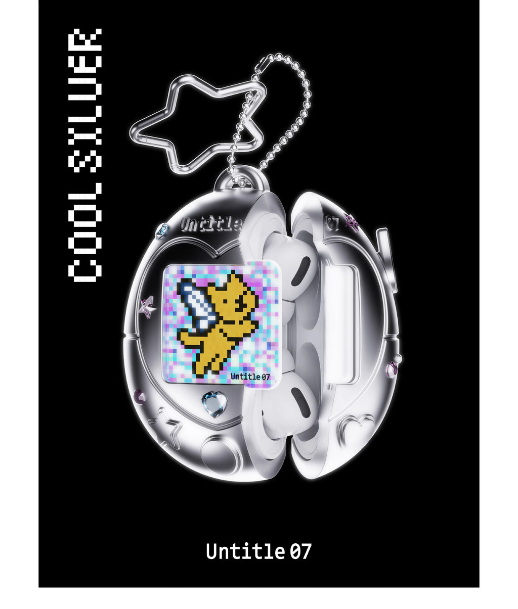Silver metallic AirPod case for Pro models, featuring a pixel art fairy charm, star keychain, and decorative gems.