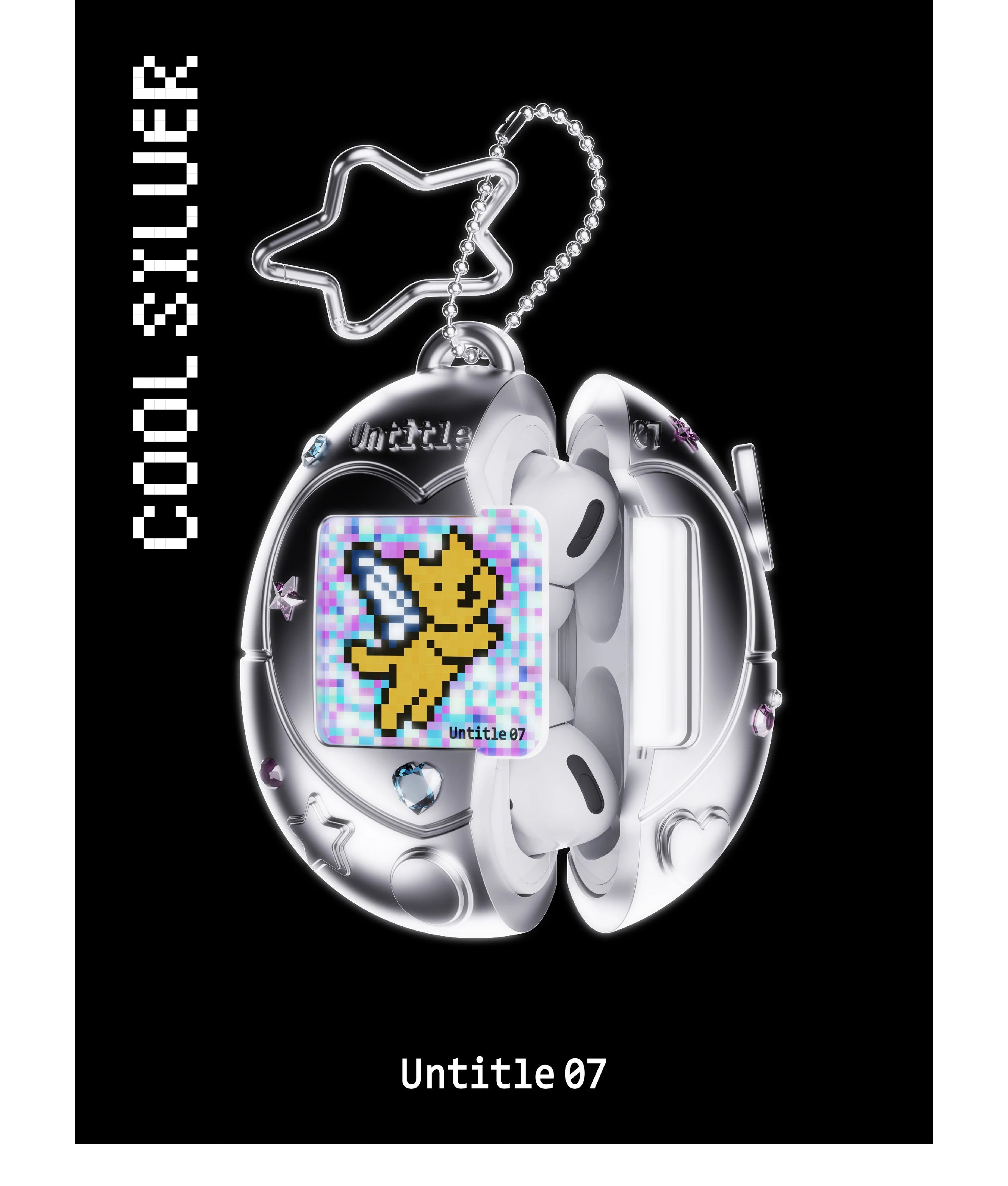 Silver metallic AirPod case for Pro models, featuring a pixel art fairy charm, star keychain, and decorative gems.