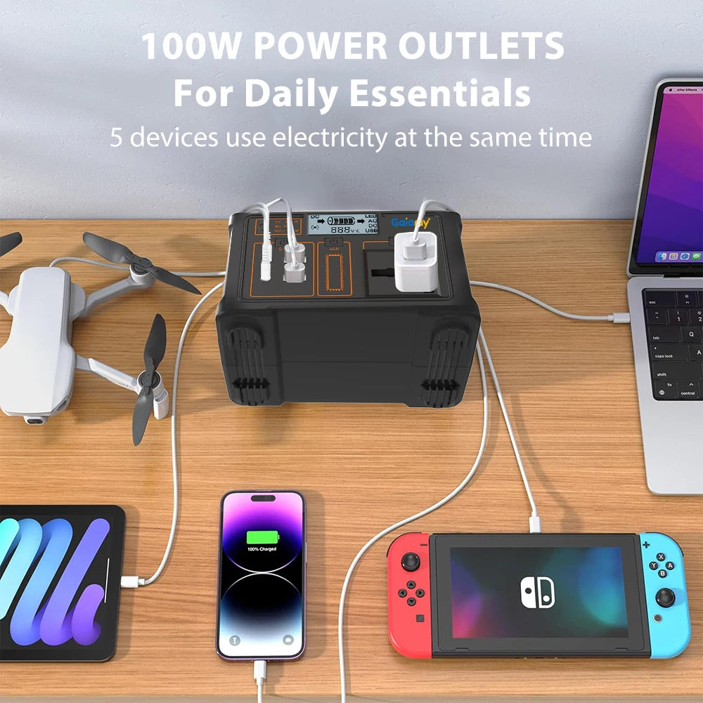 A portable power station charging a drone, tablet, phone, game console, and laptop on a wooden desk.