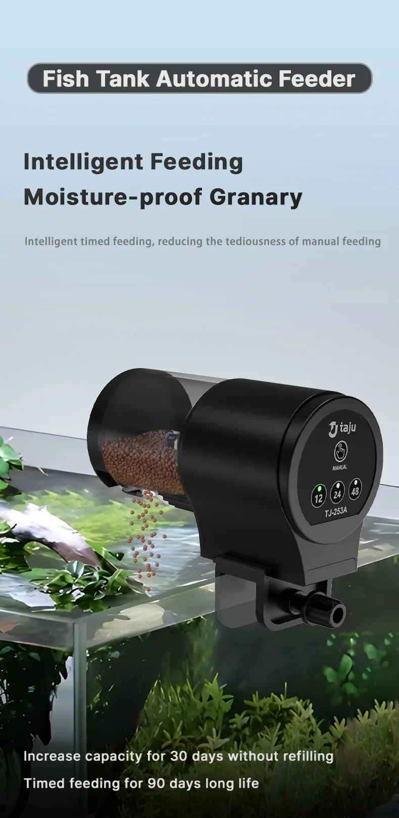 Black, cylindrical automatic fish tank feeder with a clear food drum, digital control panel, and adjustable clamp.
