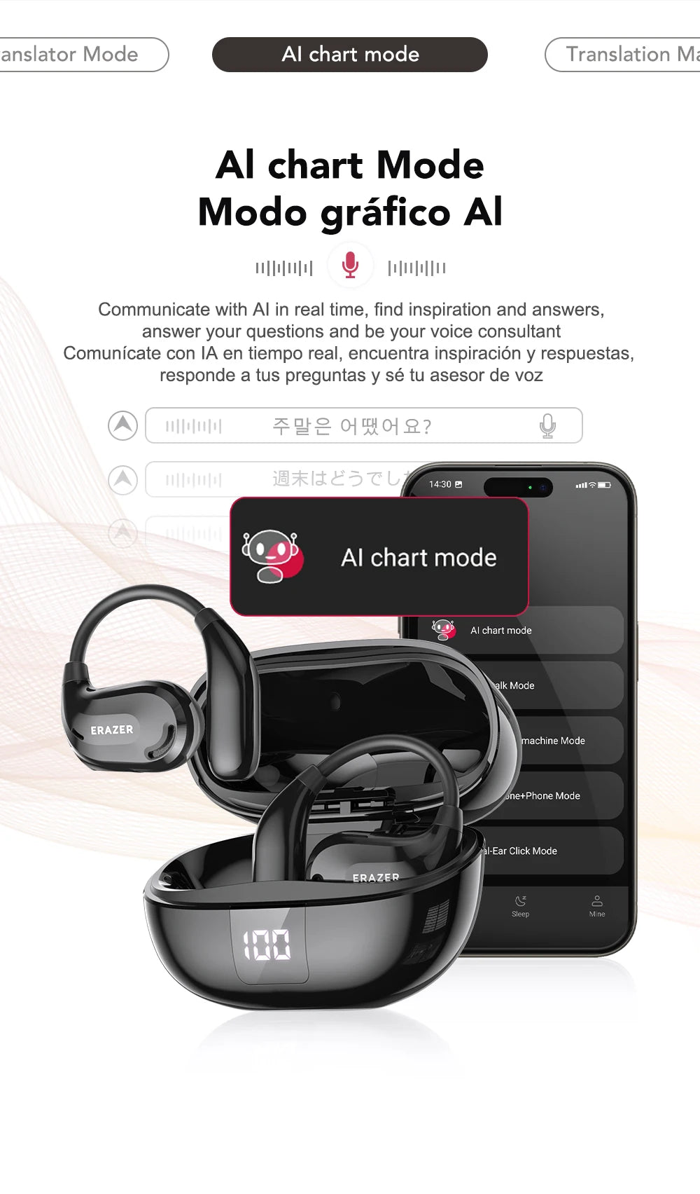 Black wireless open-ear earbuds with a digital display charging case, shown alongside a phone app interface.
