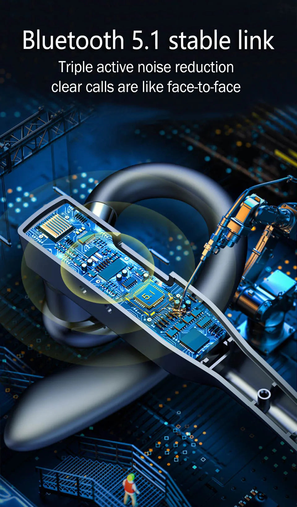 Sleek, dark grey wireless Bluetooth earphone with a cutaway view revealing the internal high-tech circuit board.