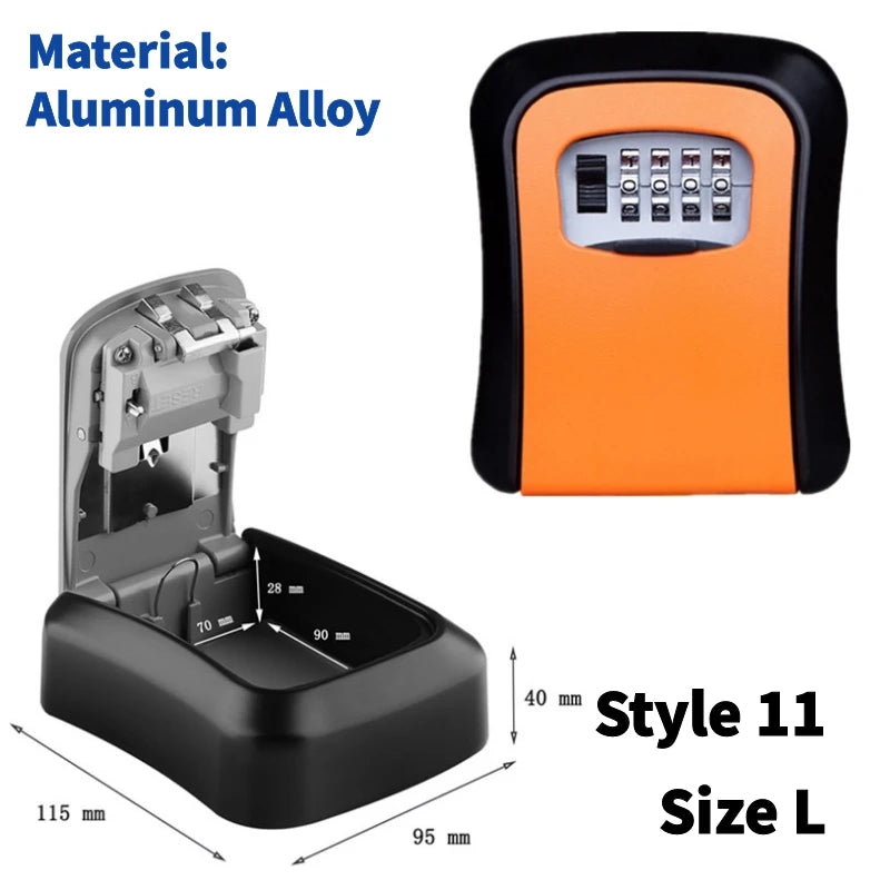 Aluminum alloy key lock box, orange and black, featuring a 4-digit combination dial and open storage compartment.