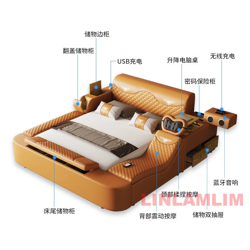 Luxury tan leather bed featuring integrated storage, massage functions, built-in speakers, and wireless charging.