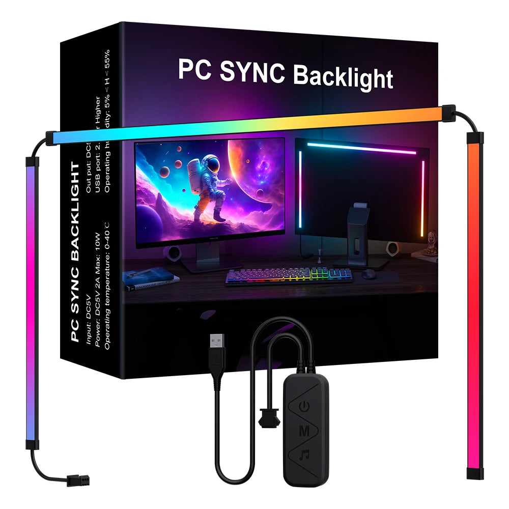 Smart ambient LED light bars for PC monitors, featuring vibrant colour-changing strips and a USB-powered control unit.