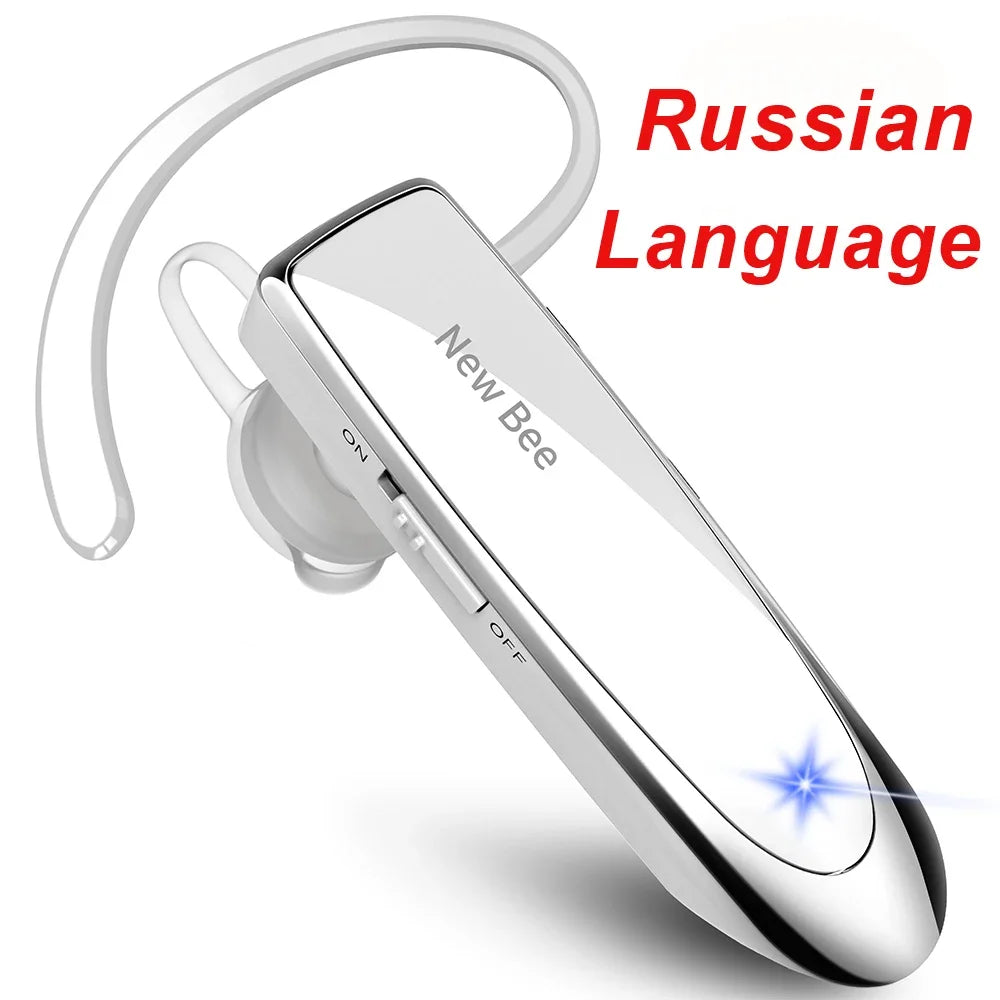 Silver wireless Bluetooth earpiece with a clear ear hook, microphone, and a blue indicator light.