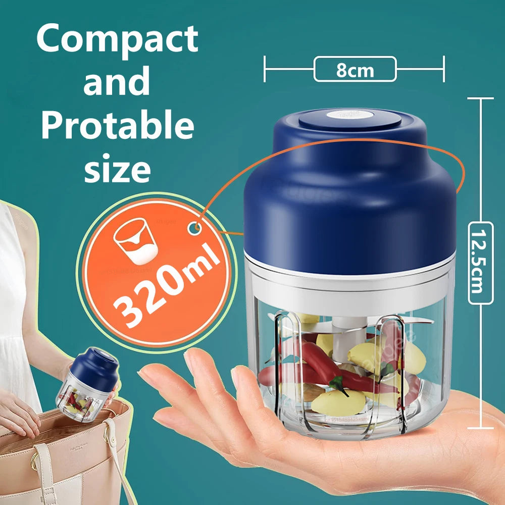 Portable blue and white electric mini food chopper with a 320ml clear container, measuring 8cm by 12.5cm.