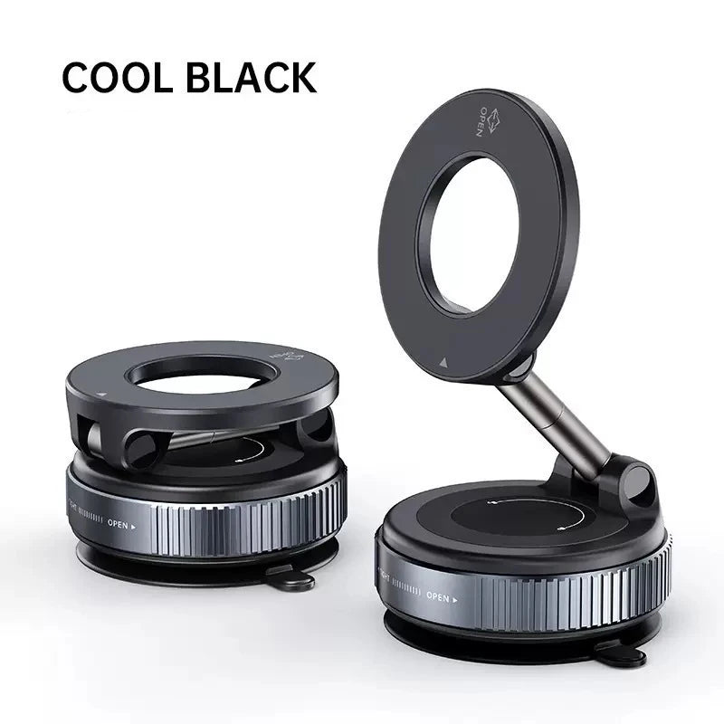 Two matte black, circular magnetic car phone holders with foldable arms and knurled adjustment rings on white background.