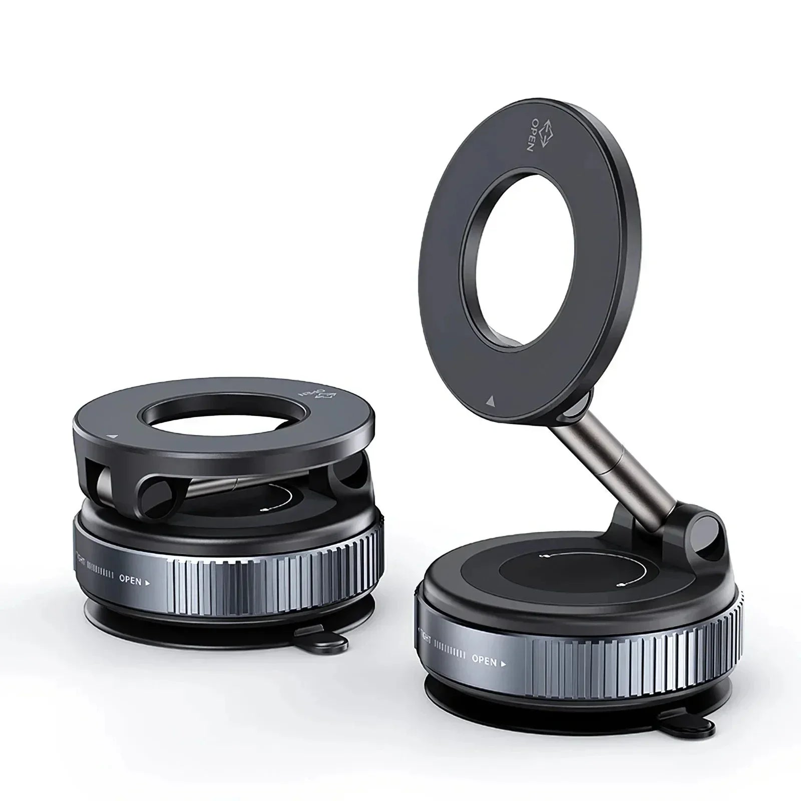 Two matte black, circular magnetic phone mounts with a folding arm design and metallic silver ridged bases.