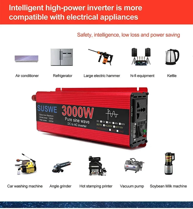 Red 3000W pure sine wave car power inverter with AC socket, power switch, and various appliance compatibility icons.