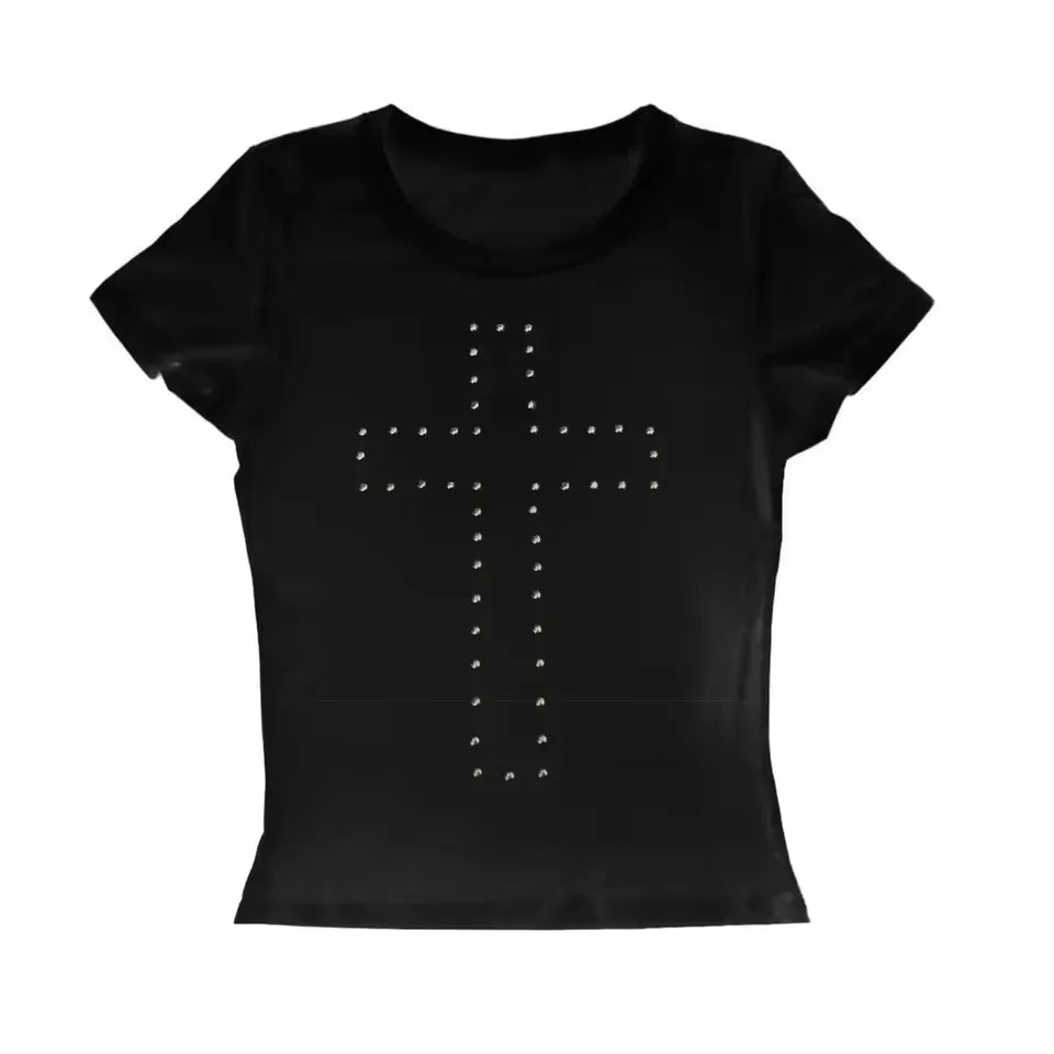 Black short-sleeved fitted t-shirt featuring a Christian cross design outlined in shimmering silver rhinestones.