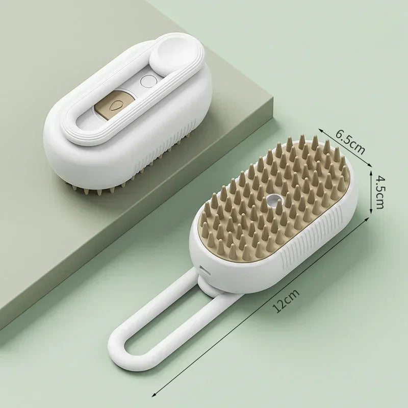 White and beige scalp massager brush with silicone bristles, shown with dimensions on a light green background.