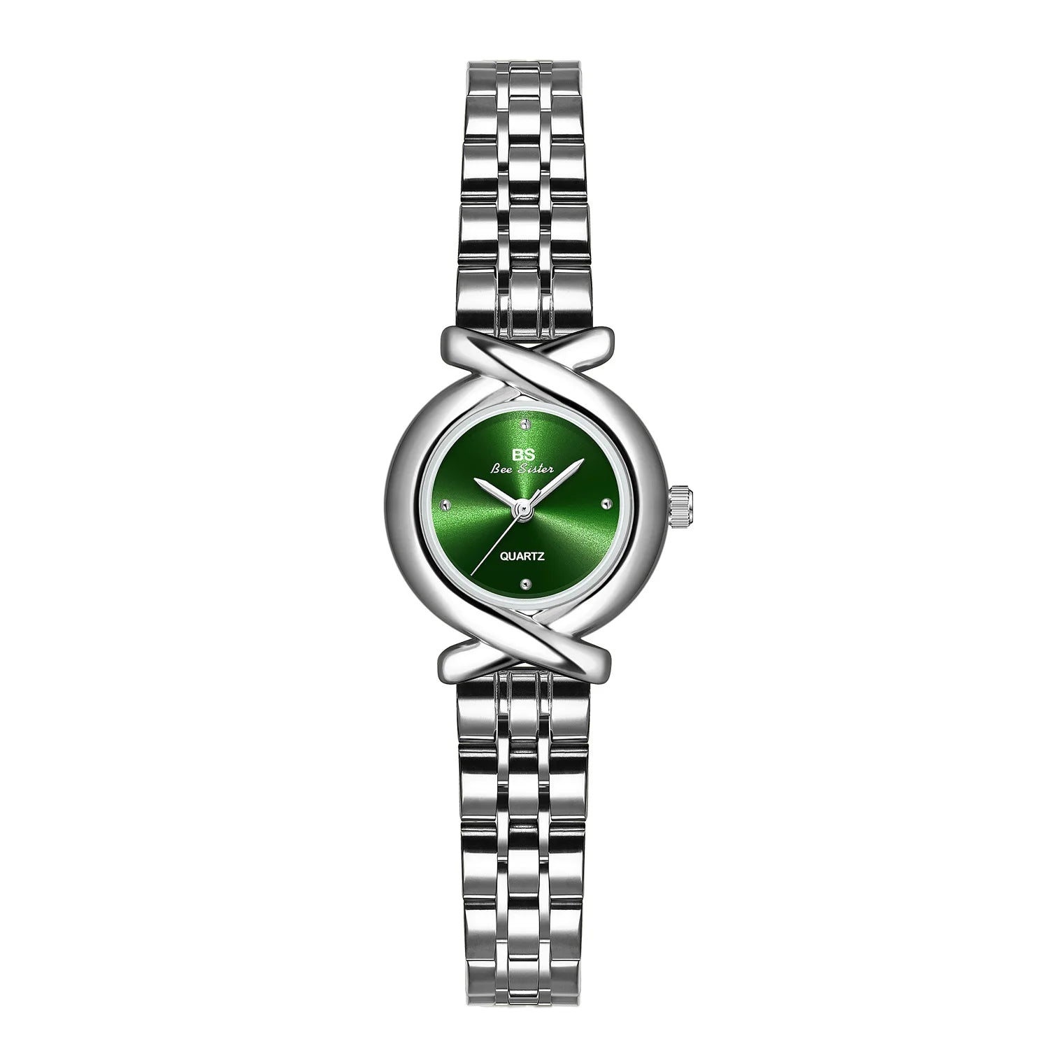 Women's silver-tone stainless steel quartz wristwatch with a round, emerald green dial and elegant crossover lugs.