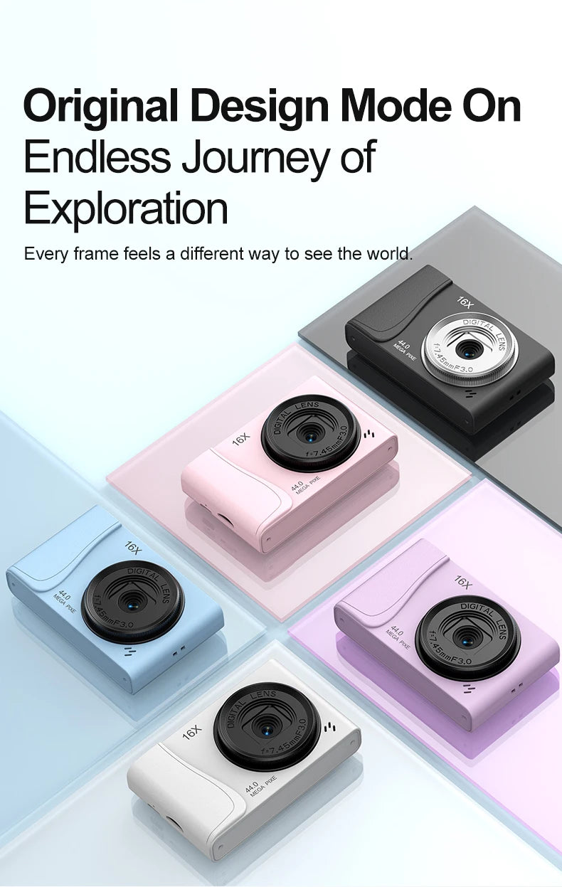 Five compact digital cameras in black, pink, blue, purple, and white, each featuring a 16X zoom lens.