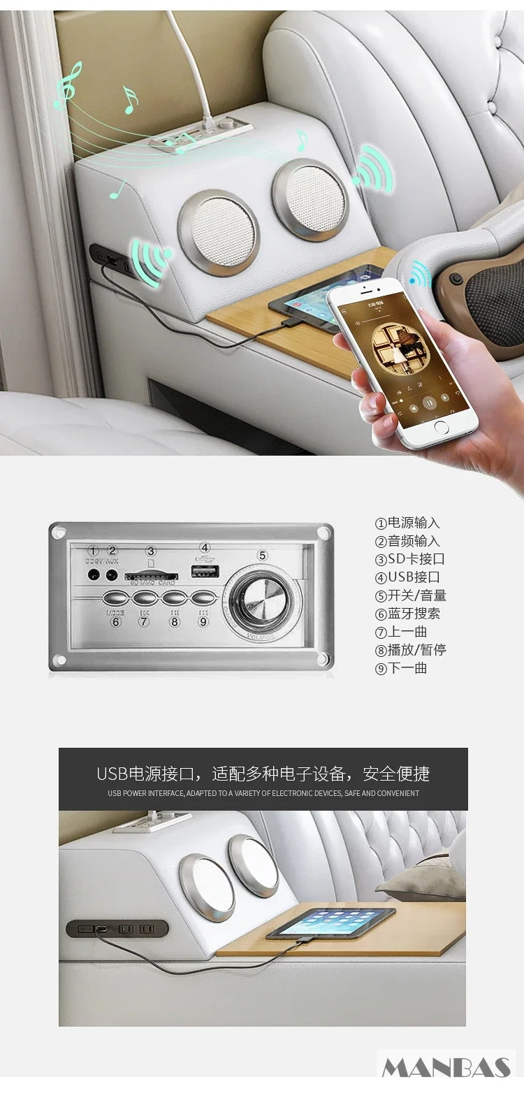 White upholstered smart bed frame featuring built-in speakers, USB ports, wireless charging, and media controls.