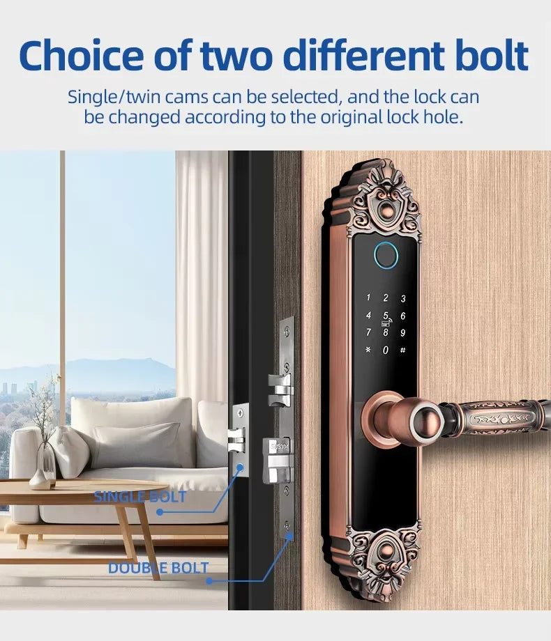 Ornate bronze smart door lock with a digital keypad, fingerprint scanner, and optional single or double bolt mechanism.