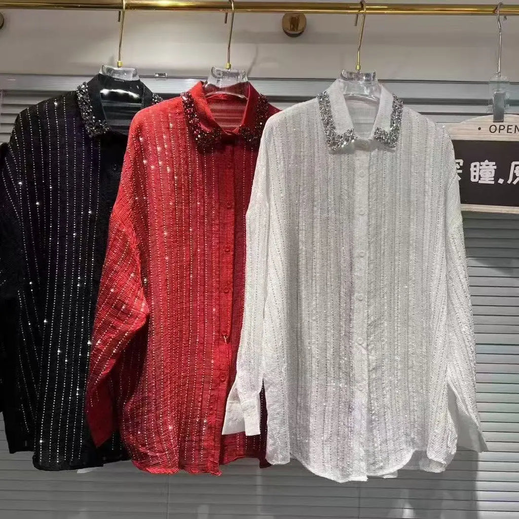 Three button-down shirts in black, red, and white, featuring vertical rhinestone stripes and jewelled collars.