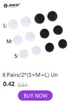 Six pairs of black and white silicone replacement ear tips for AirPods, available in sizes S, M, and L.