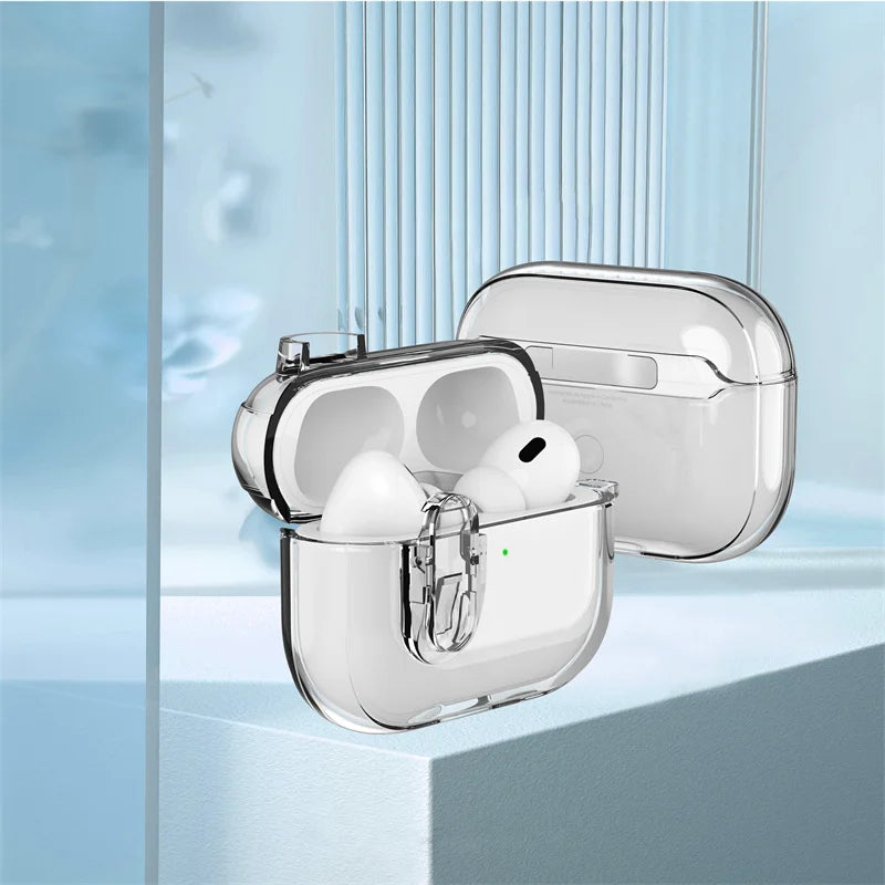 Clear, shockproof protective case for AirPods Pro with a secure latch mechanism, displayed on a blue pedestal.