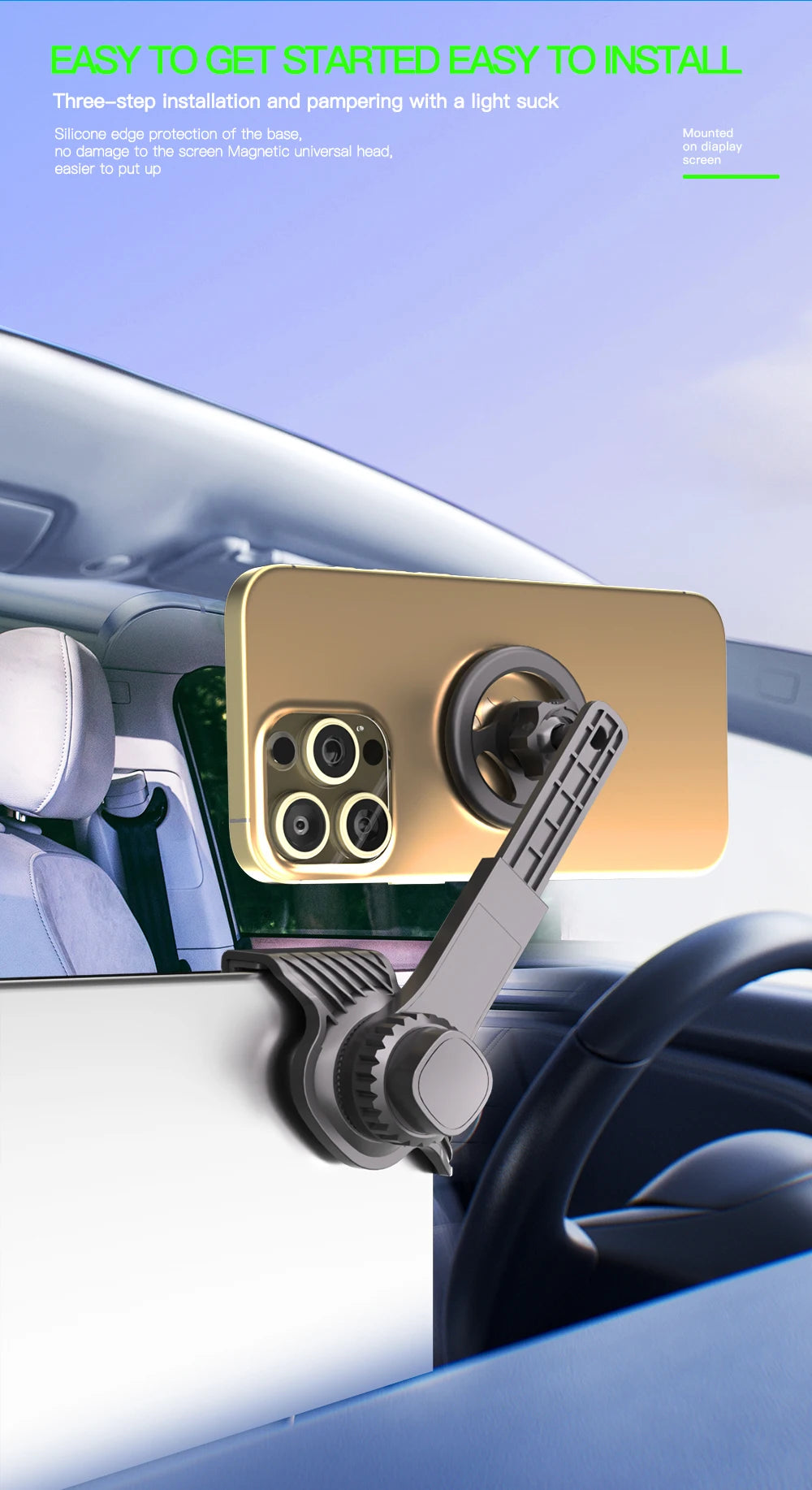 Dark grey magnetic car phone holder attached to a vehicle screen, holding a gold smartphone in landscape orientation.